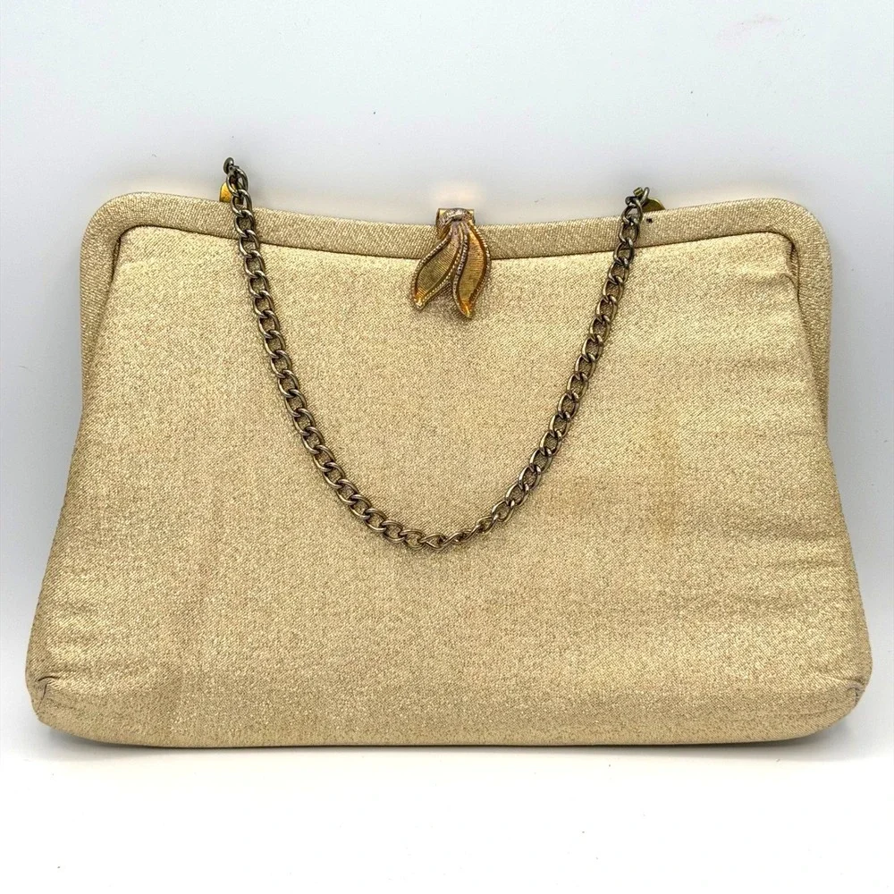 VTG 50s Gold Metallic Evening Clutch Bag Gold Leaf Clasp Chain Cocktail Party
